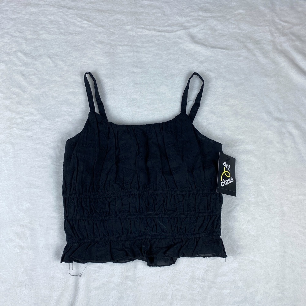 Art Class Tank Top Girl M Black Embroidered Floral Ruched Waist Adjustable Strap